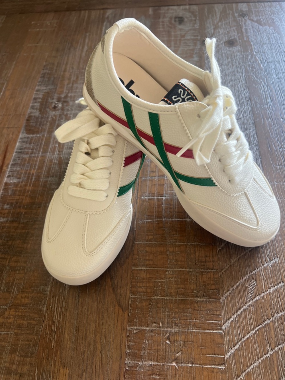 ShuShop White Sneakers with Green and Red Side Stripes